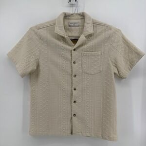 Maison Article Button Down Men L Cream Geometric Textured Knit Camp Collar Shirt